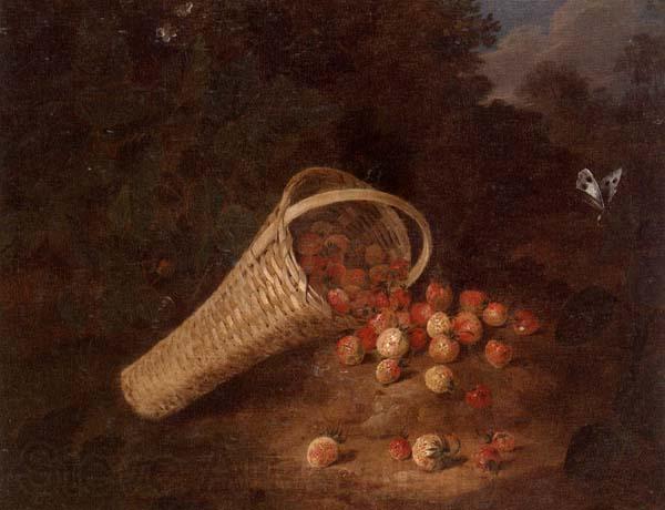 unknow artist A wooded landscape with sirawberries spilling from an overturned basket France oil painting art